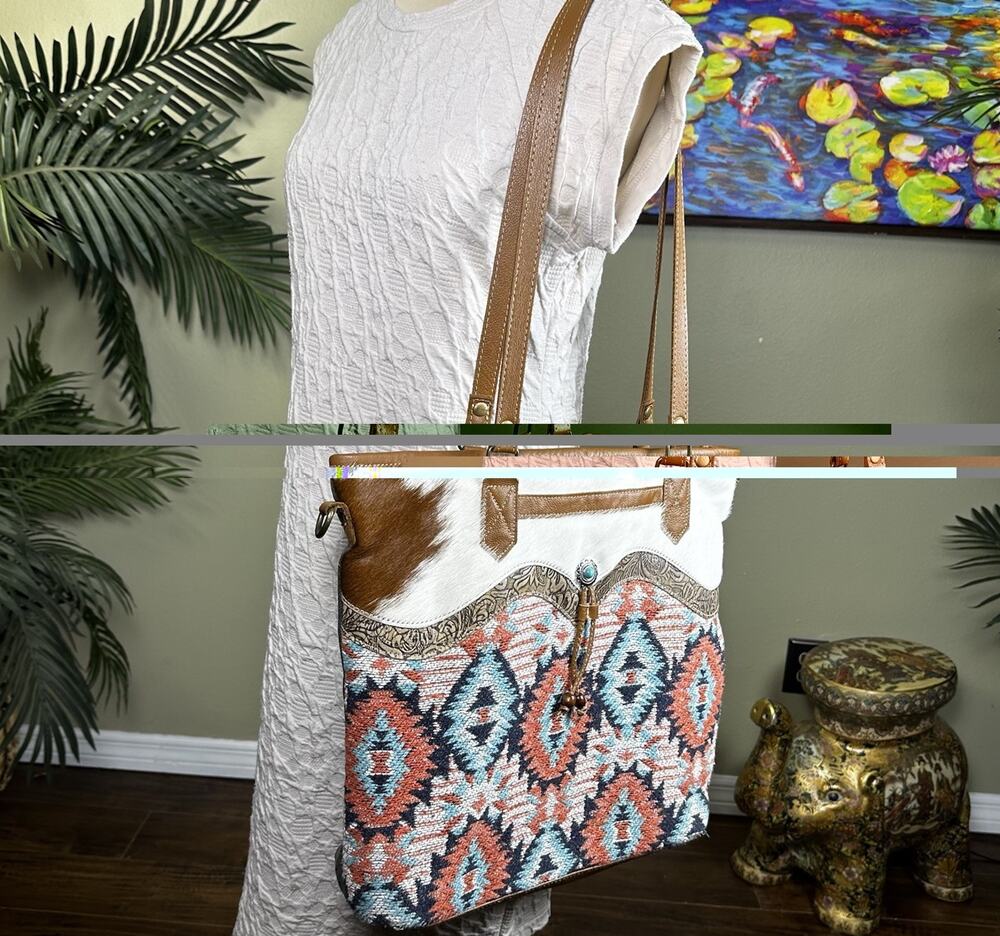 Myra Bag Tote Large Leather Cow hair tooled trim Canvas Aztec Western Tribal